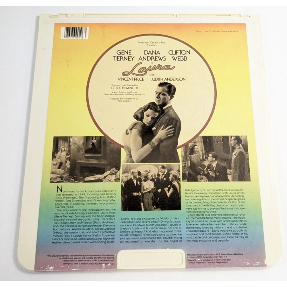 Laura 1944 Film Noir RCA SelectaVision VideoDisc CED Gene Tierney 076476001061 - Picture 3 of 6